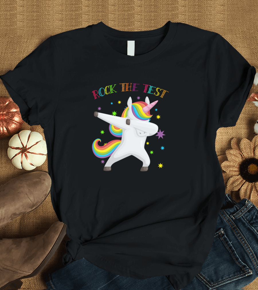Rock The Test Unicorn Dabbing with Rainbow Stars T-Shirt