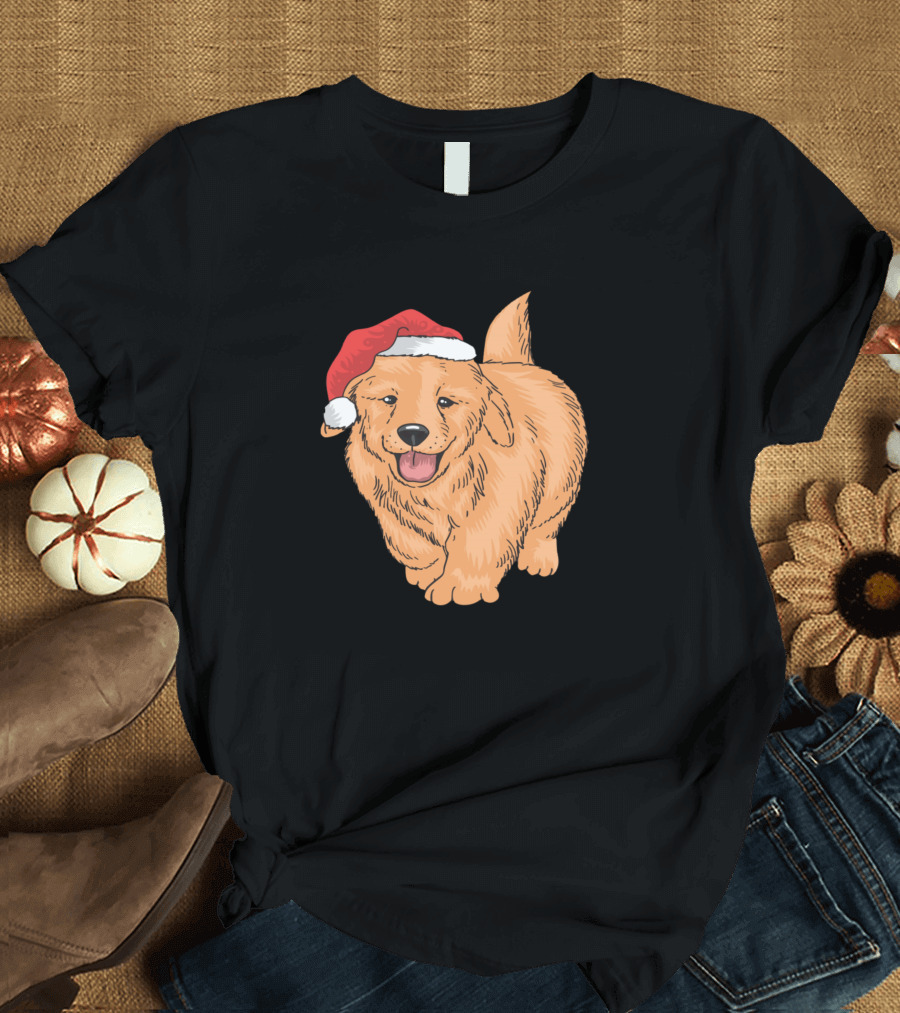 Santa Hat Golden Retriever Cute Puppy Dog T-Shirt