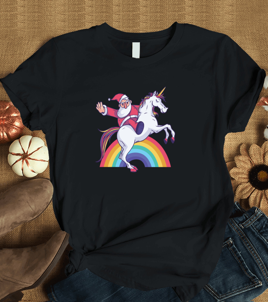 Santa Riding Unicorn Rainbow Funny Christmas Merry T-Shirt
