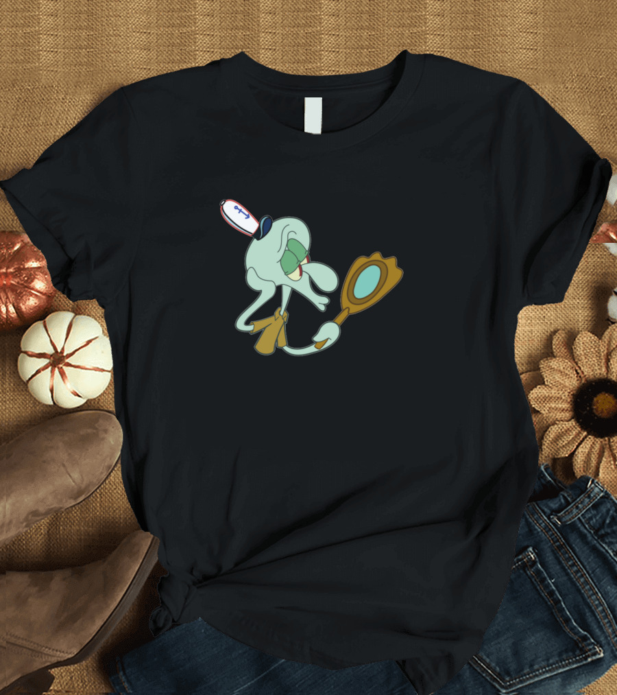 Squidward Admiring Mirror in Krusty Krab Uniform T-Shirt