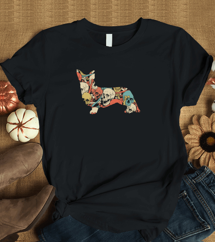 Zombie Corgi Skull Pattern with Colorful Skulls T-Shirt