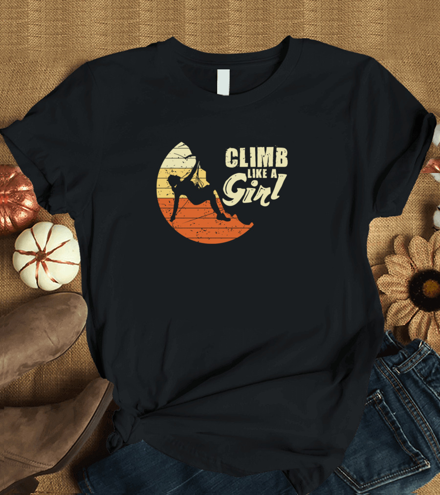 Climb Like A Girl Retro Sunset Cliff Climber T-Shirt