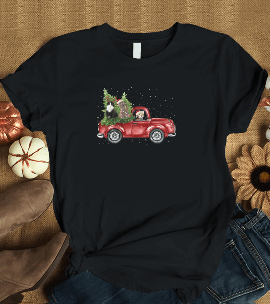 Cute Cat Kittens in Christmas Red Truck with Snowflakes T-Shirt