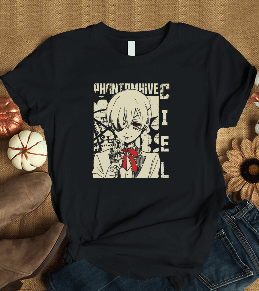 PHANTOMHIVE CIEL Anime Character with Red Ribbon Monocle T-Shirt