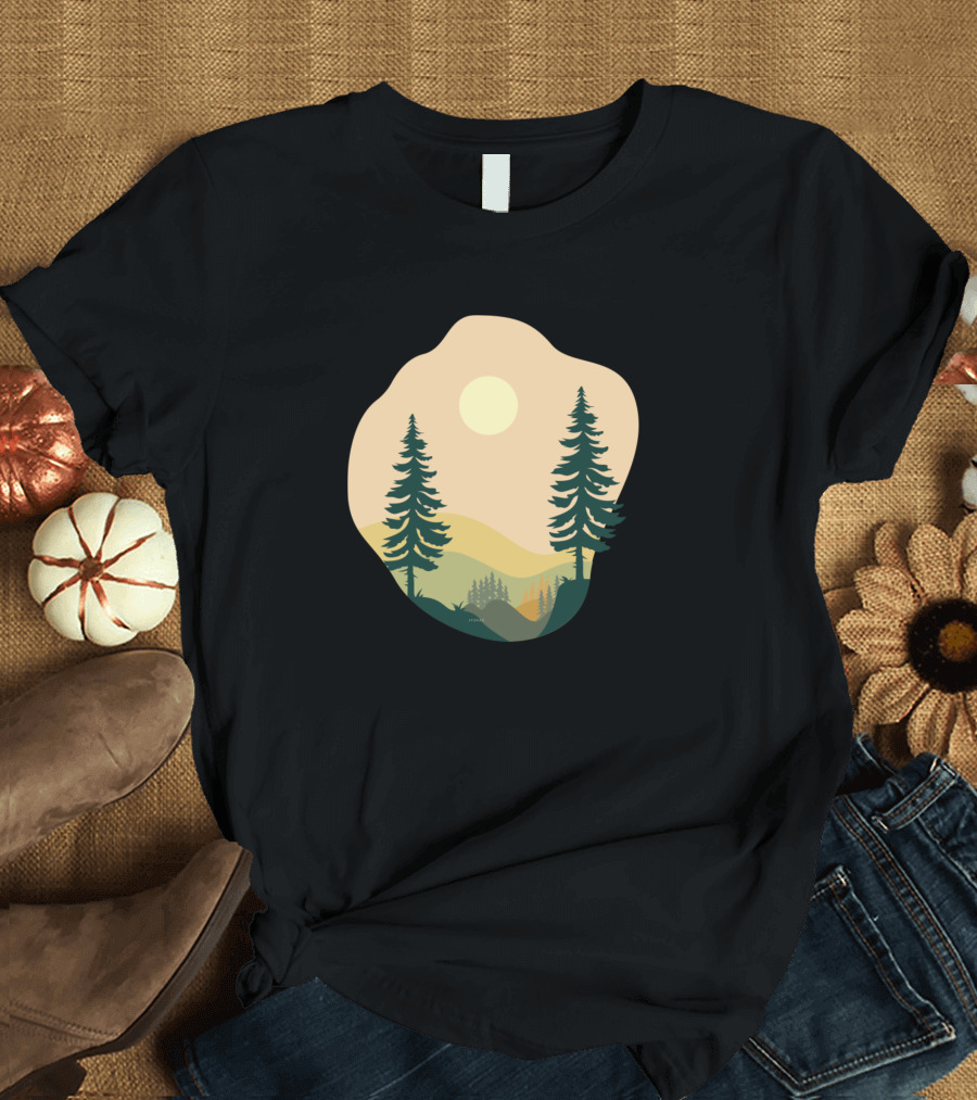 Sunset Forest Landscape with Mountains and Trees T-Shirt