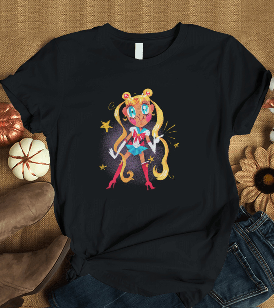 Sailor Moon Chibi Cartoon Style with Stars and Blonde Hair T-Shirt