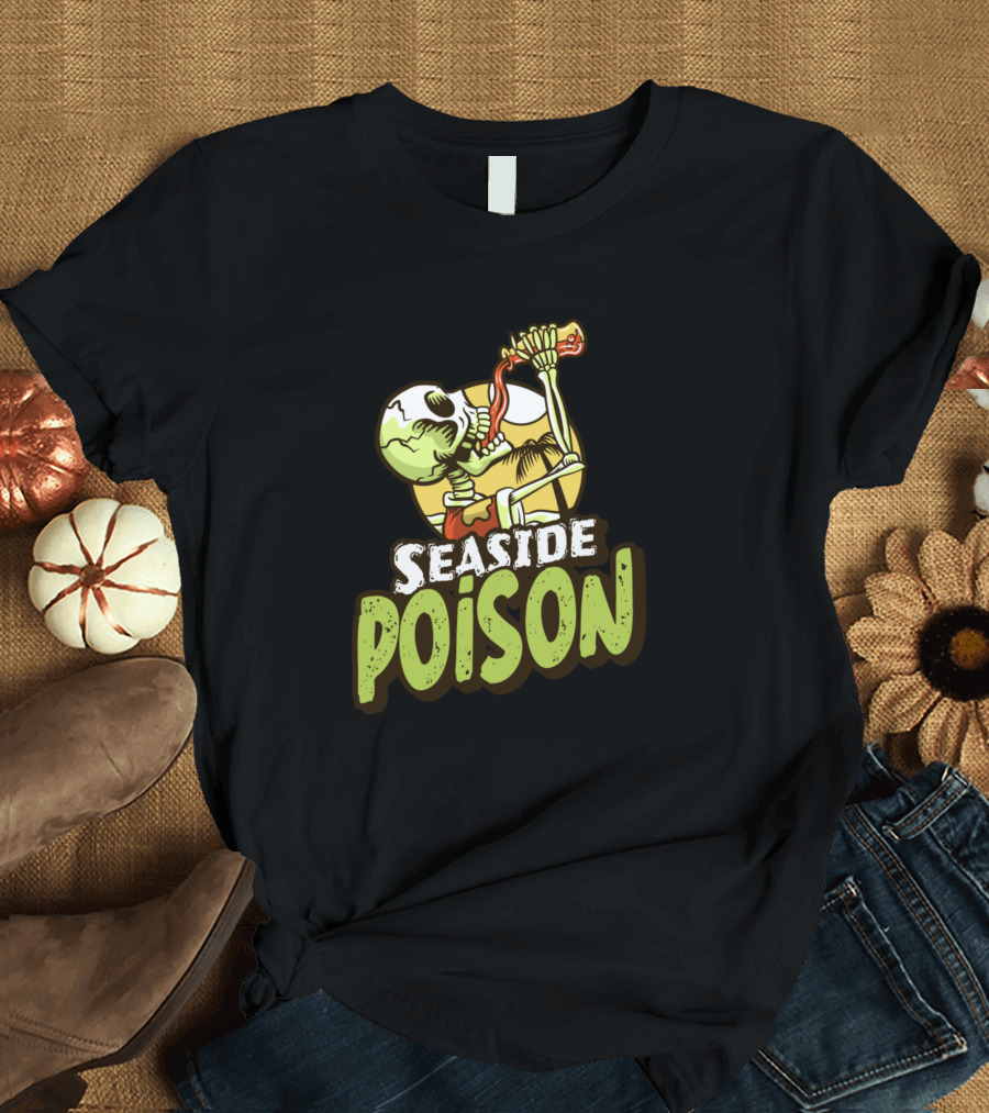 Seaside Poison Skeleton Drinking Potion Sunset Scene T-Shirt