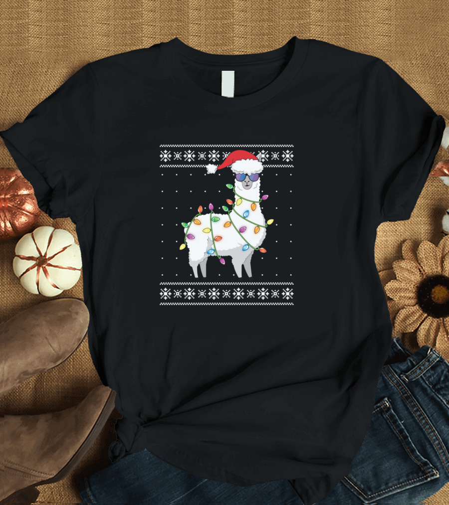 Santa Hat Alpaca with Christmas Lights and Snowflakes T-Shirt