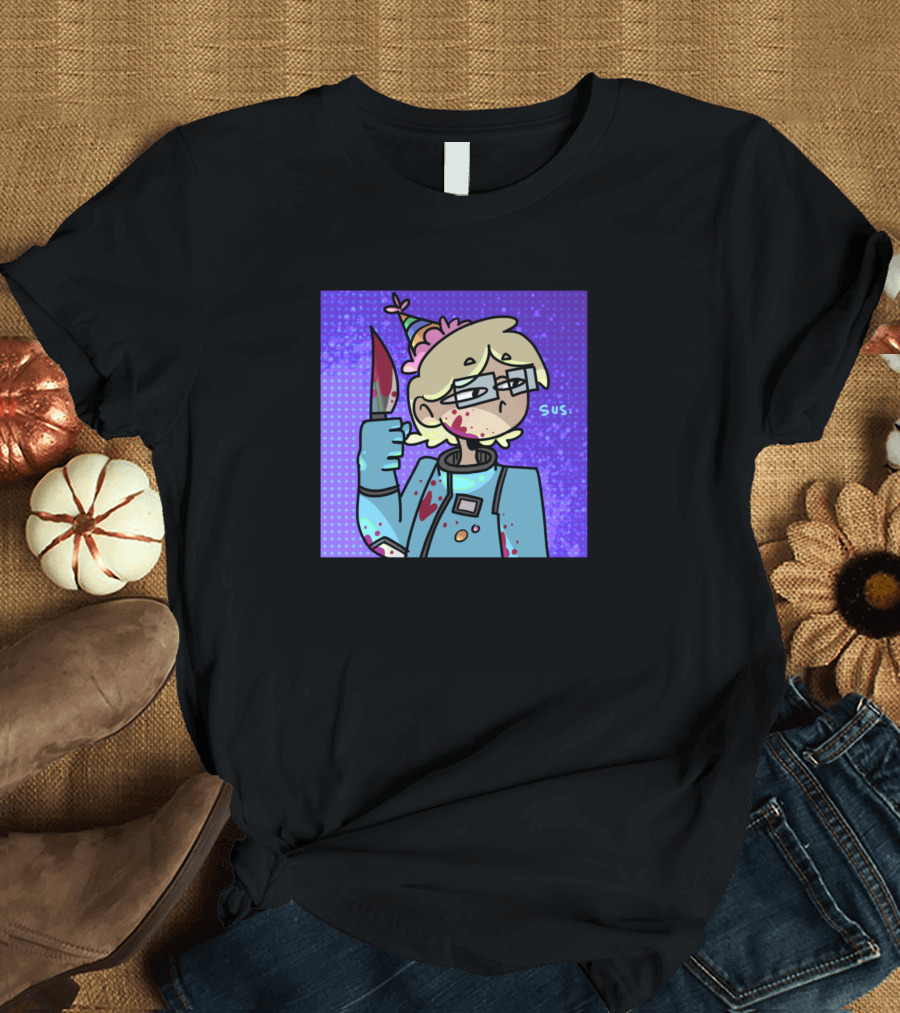 Cyan Sus Party Hat Knife Character with Glasses and Bloodstains T-Shirt