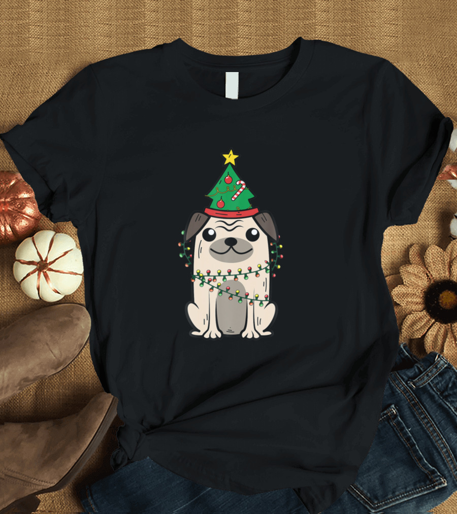 Pug Wrapped in Christmas Lights with Tree Hat Yuletide Puppy Fan T-Shirt