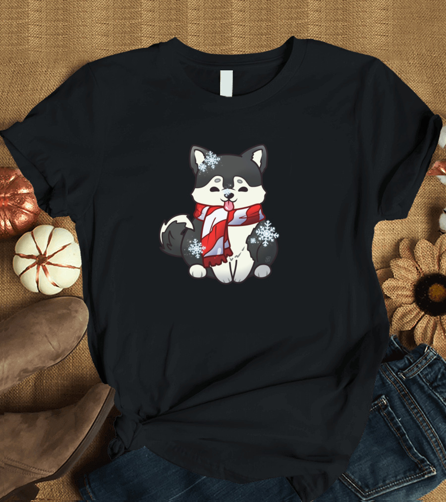 Snowflake Husky Pup with Red Scarf and Snowflakes T-Shirt