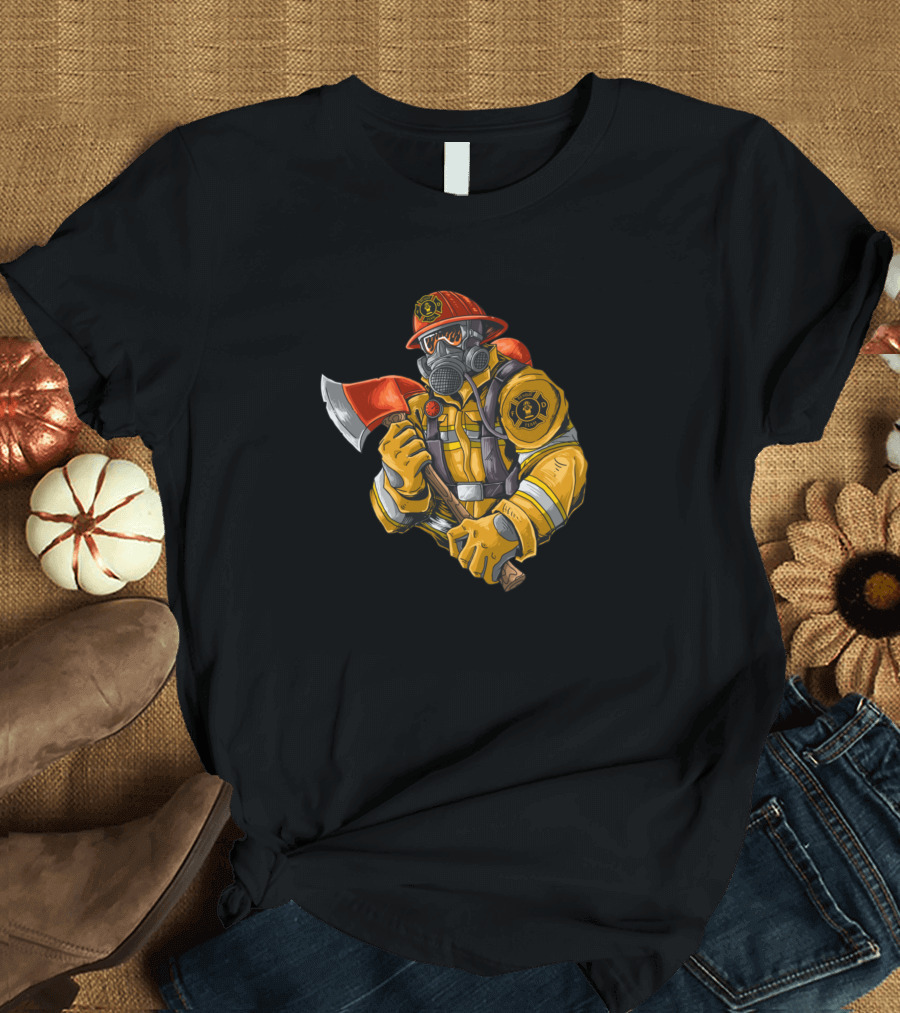Firefighter in Gas Mask Holding Axe with Badge on Arm T-Shirt