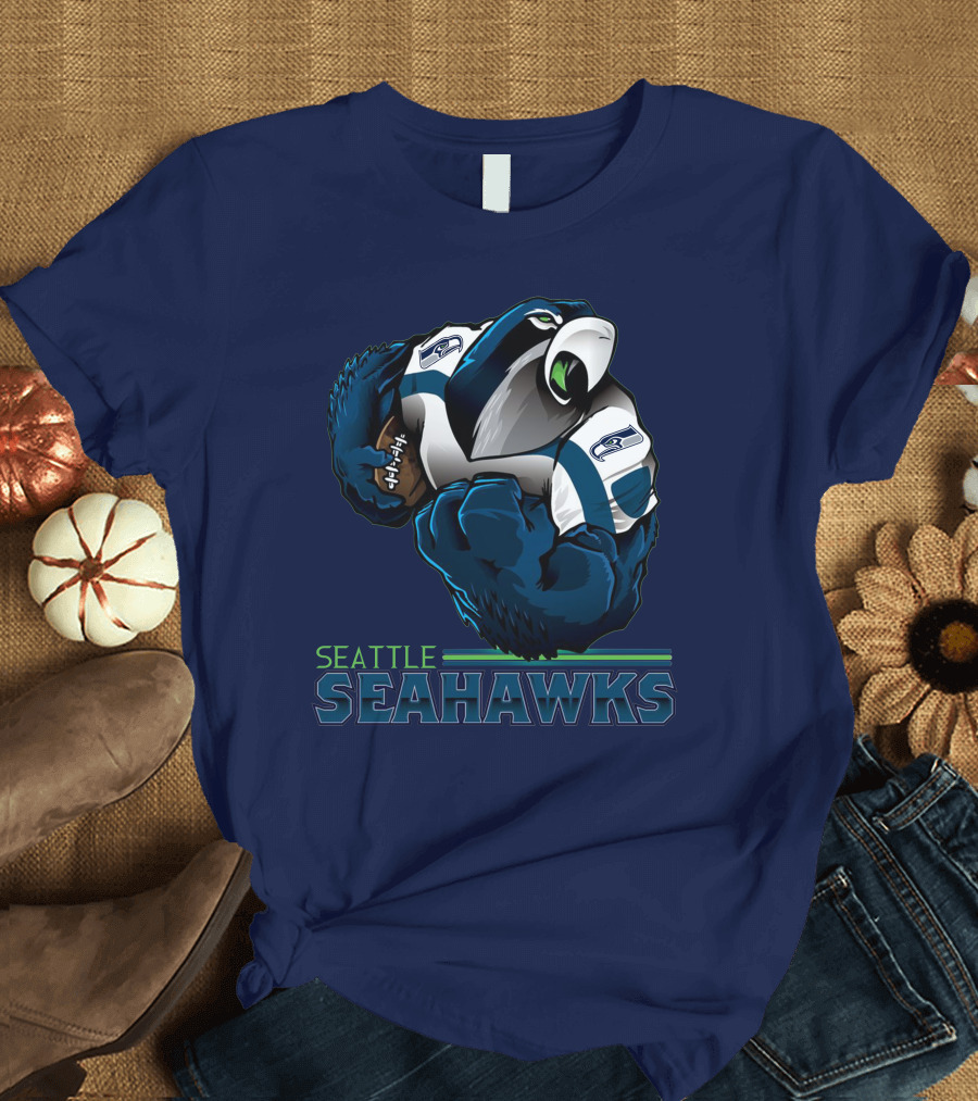 Seattle Seahawks Powerful Mascot With Football Iconic Team Spirit T-Shirt