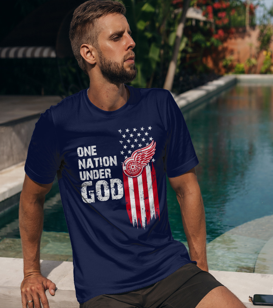 One Nation Under God Detroit Redwings American Flag Stars And Stripes T-Shirt