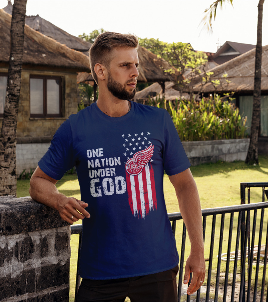 One Nation Under God Detroit Redwings American Flag Stars And Stripes T-Shirt