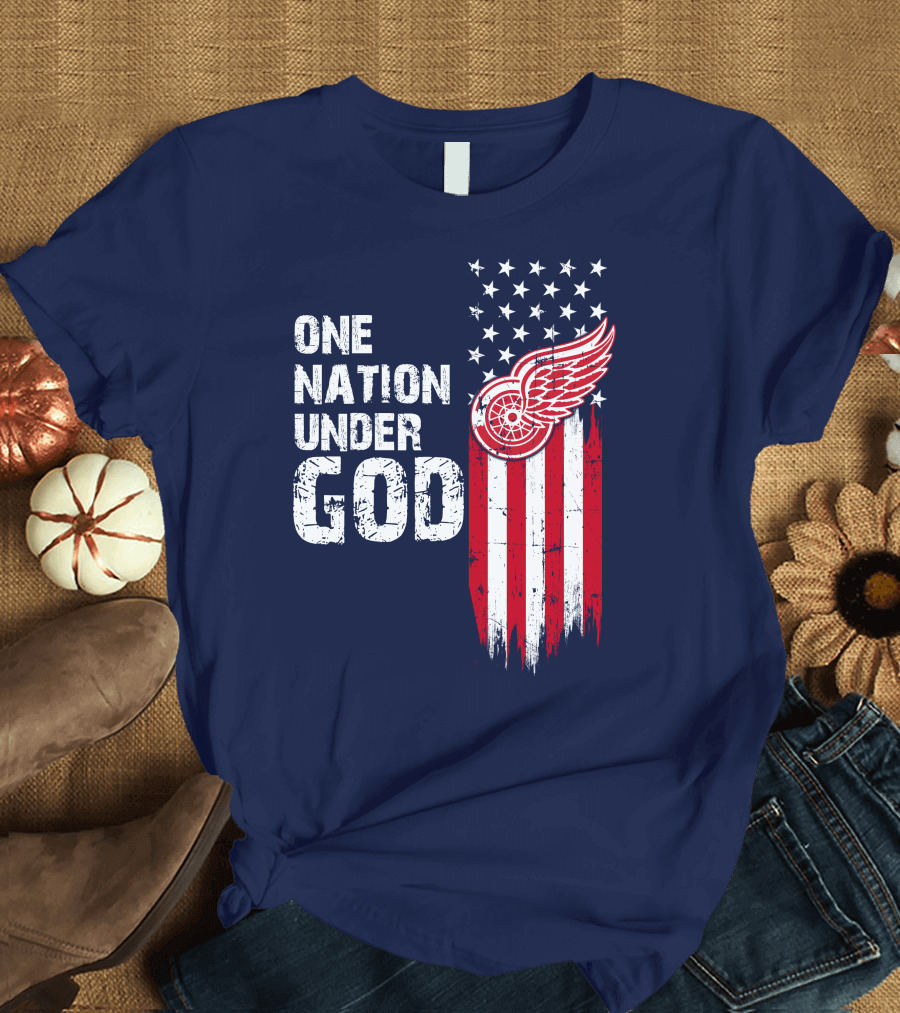 One Nation Under God Detroit Redwings American Flag Stars And Stripes T-Shirt