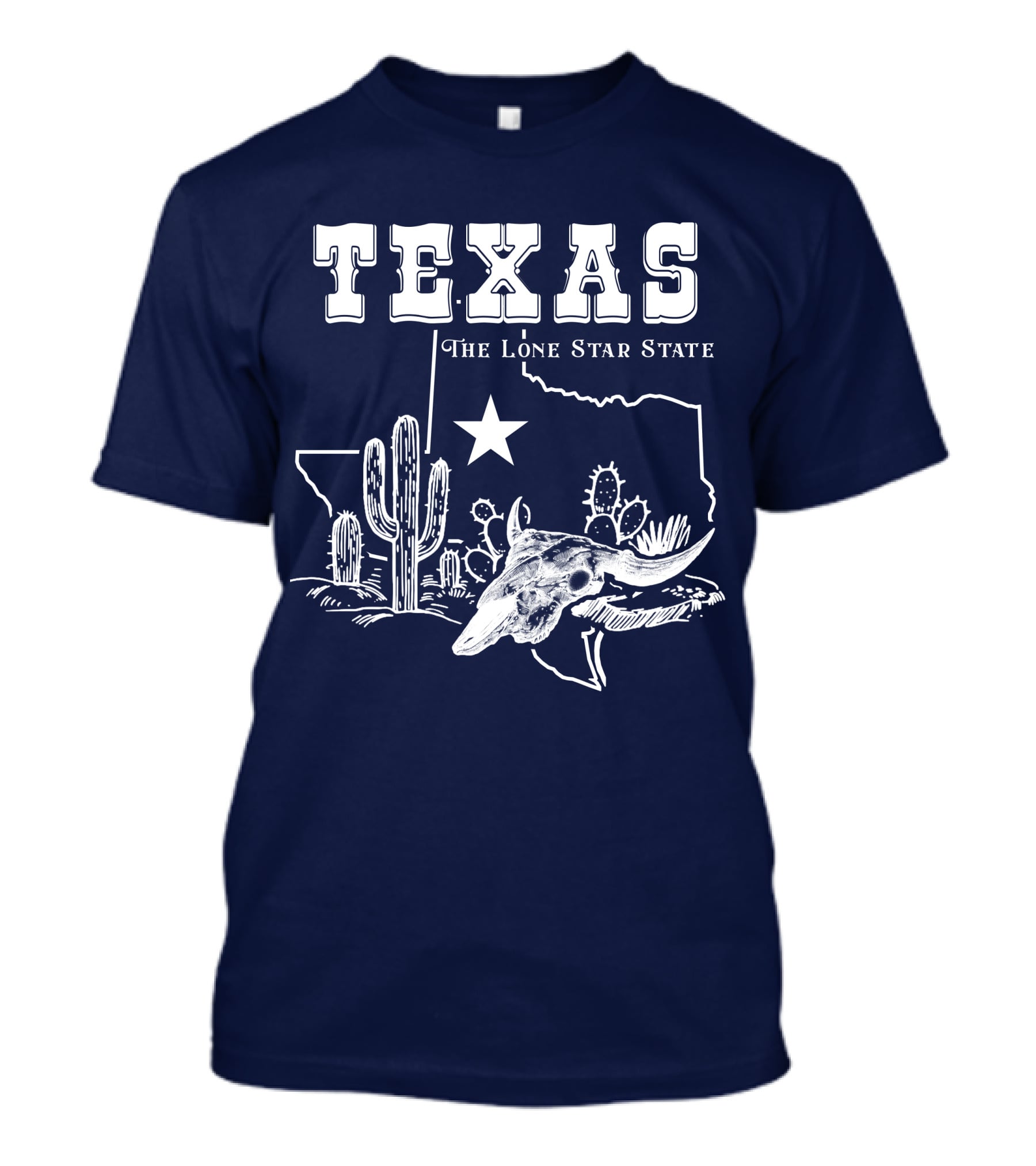 Texas The Lone Star State Map Outline With Cactus And Bull Skull T-Shirt