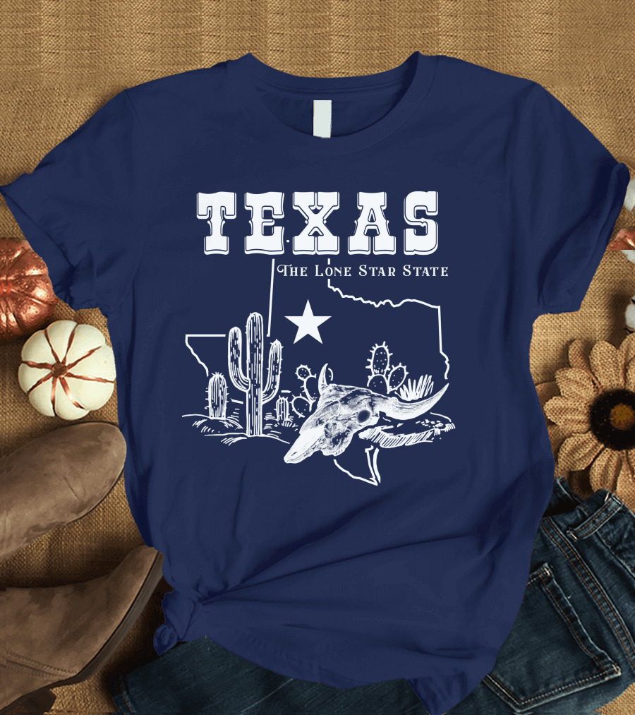Texas The Lone Star State Map Outline With Cactus And Bull Skull T-Shirt