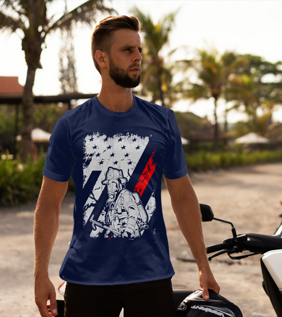 The Firefighters American Flag Tribute Heroic Firefighter With Axe And Stars And Stripes T-Shirt