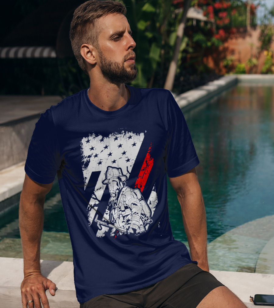 The Firefighters American Flag Tribute Heroic Firefighter With Axe And Stars And Stripes T-Shirt
