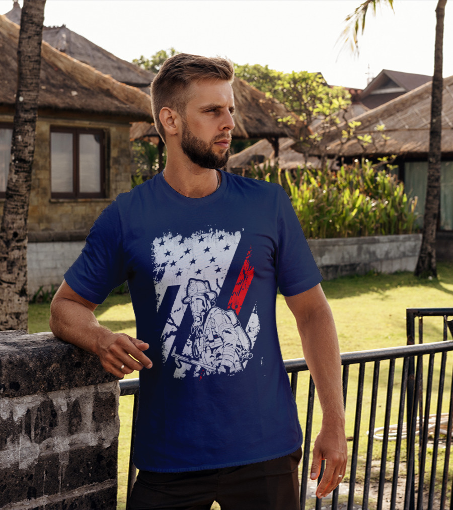 The Firefighters American Flag Tribute Heroic Firefighter With Axe And Stars And Stripes T-Shirt