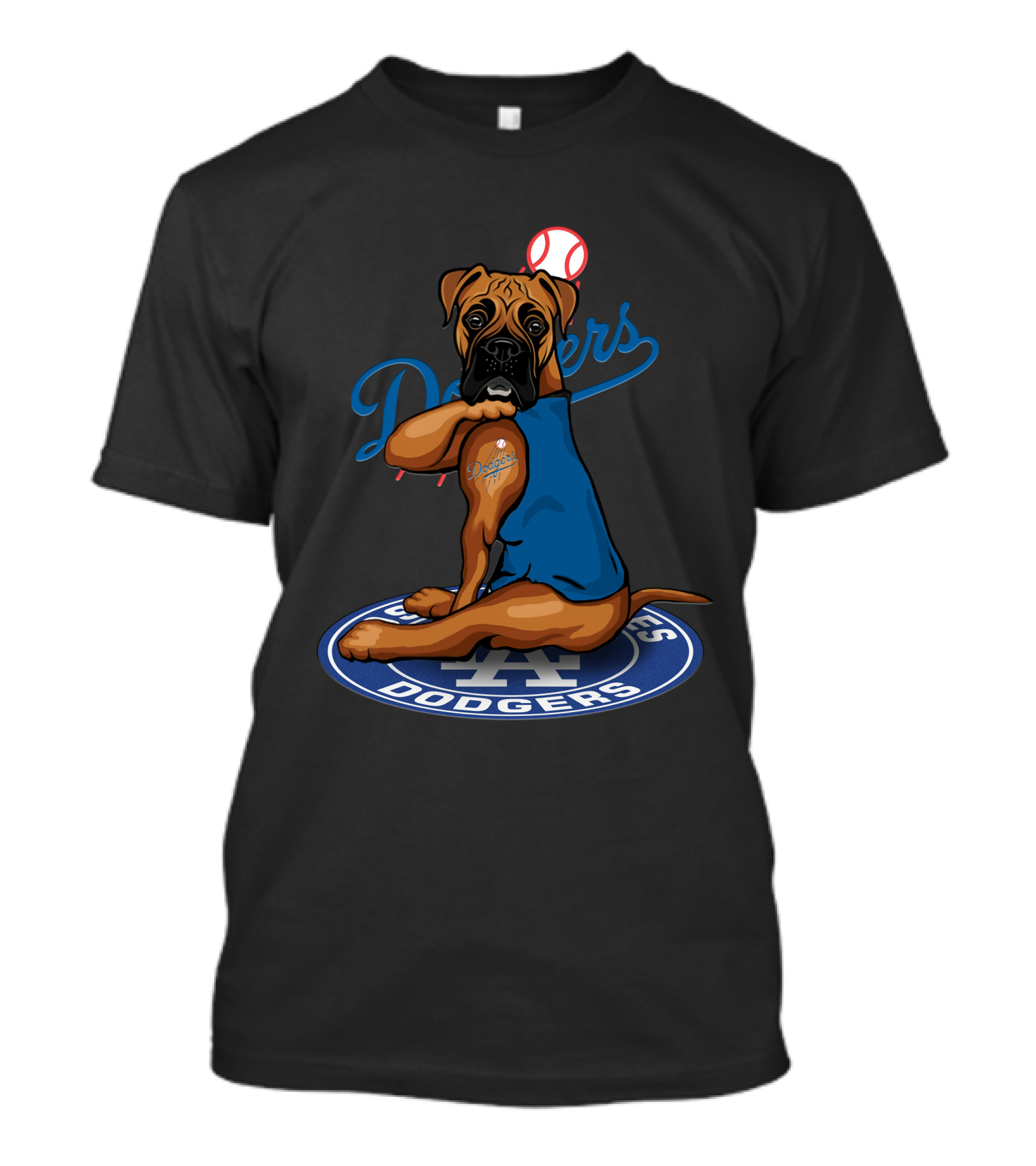 Los Angeles Dodgers Boxer Dog With Baseball And Logo Elements T-Shirt