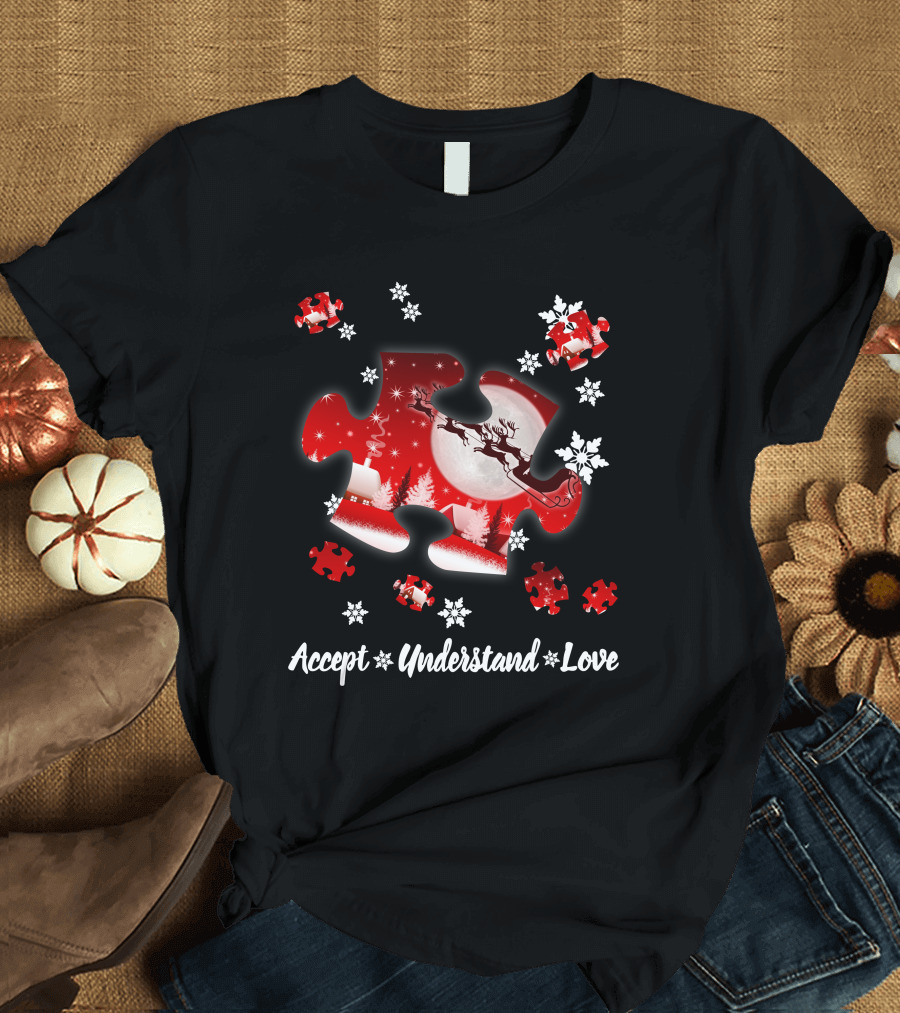 Accept Understand Love Autism Puzzle Christmas Snowflakes Santa Sleigh T-Shirt