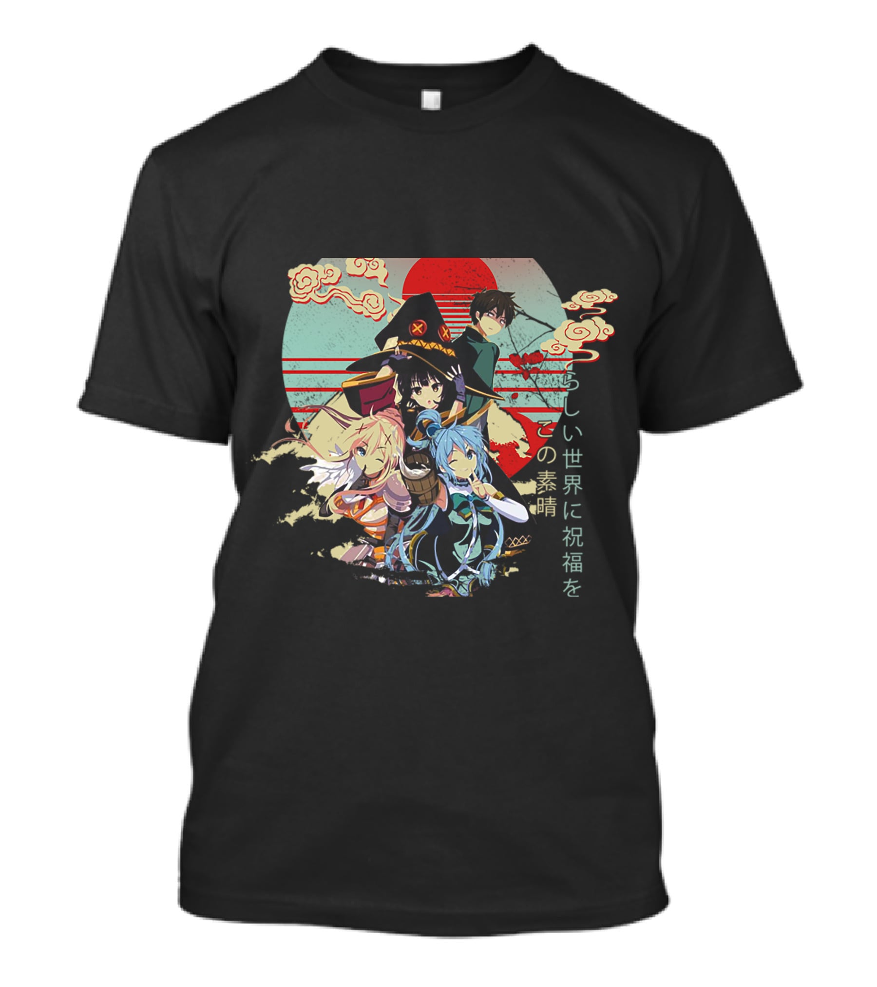 Konosuba Wonderful World Blessing Japanese Characters Kazuma Aqua Darkness Megumin Sun Clouds Red Circle Background T-Shirt