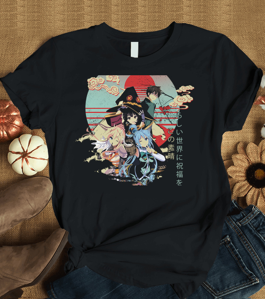 Konosuba Wonderful World Blessing Japanese Characters Kazuma Aqua Darkness Megumin Sun Clouds Red Circle Background T-Shirt