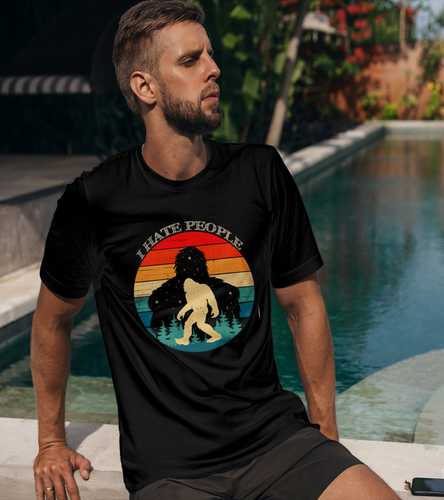 I Hate People Bigfoot Retro Sunset Forest Scene T-Shirt