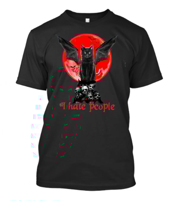 I Hate People Black Cat Bat Wings Skulls Red Moon T-Shirt
