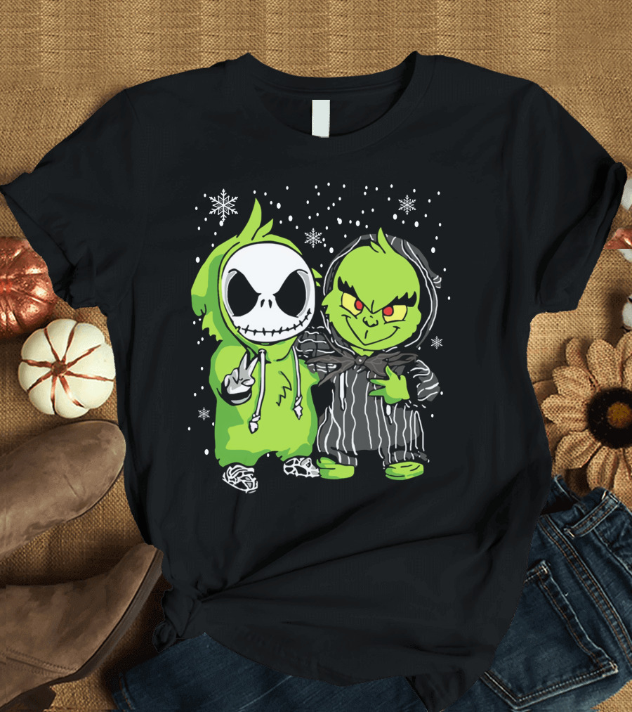 Grinch and Jack Skeleton Snowflake Hoodie Duo T-Shirt