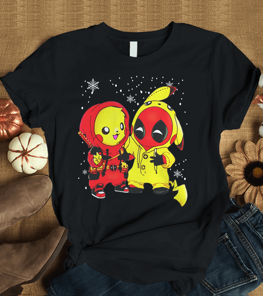 Pikachu Deadpool Crossover with Snowflakes and Kawaii Style Elements T-Shirt