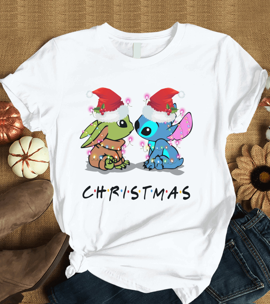 Yoda and Stitch Christmas Santa Hats Holiday Lights T-Shirt