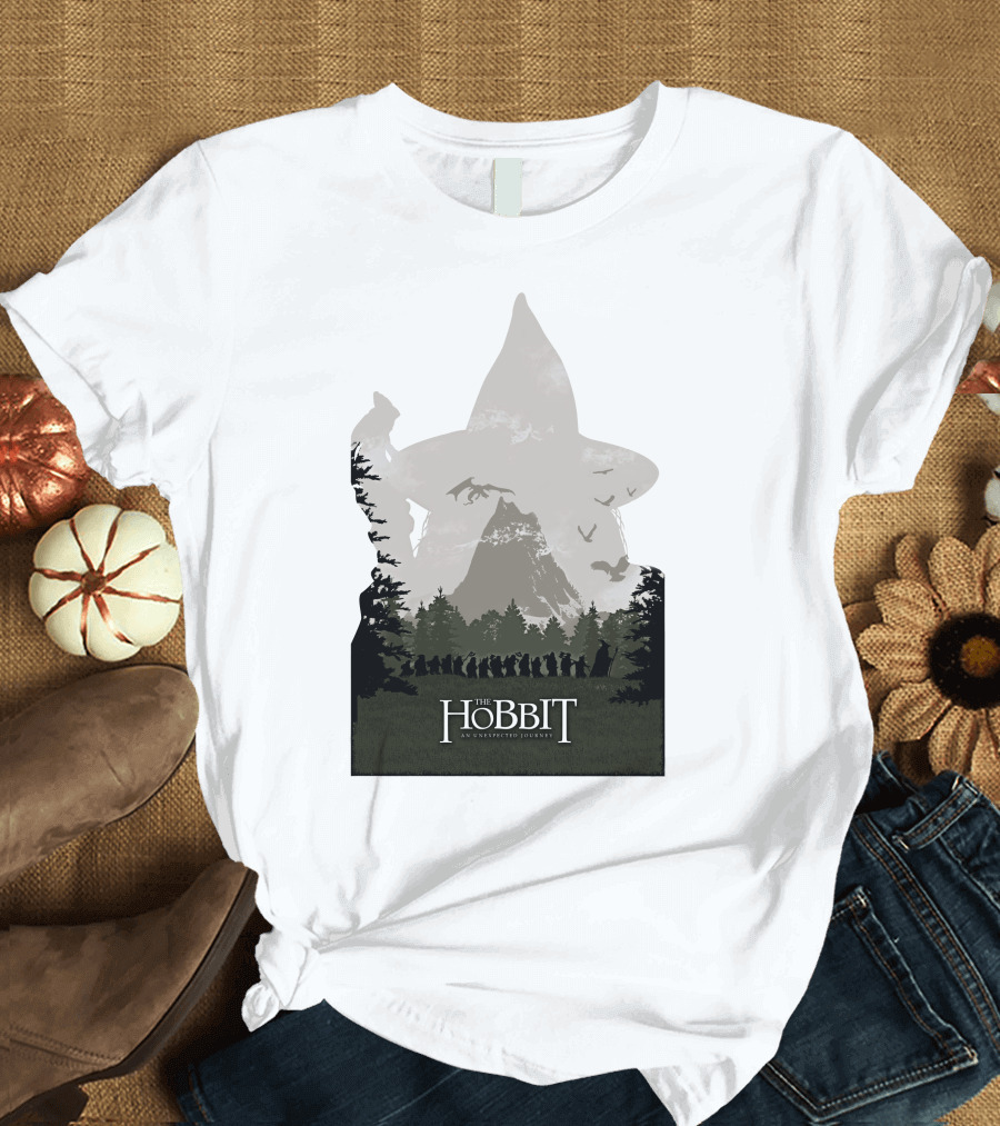 The Hobbit An Unexpected Journey Silhouette Scene with Gandalf Hat and Forest Background T-Shirt