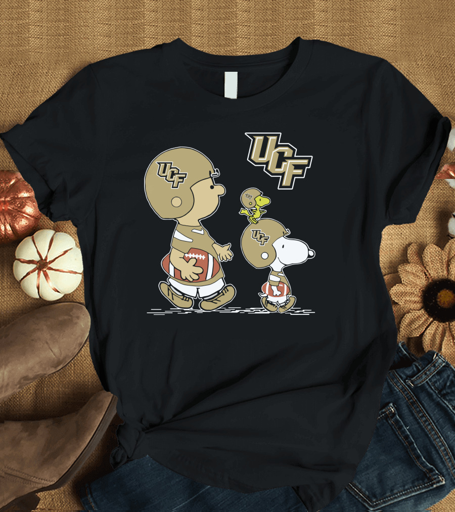UCF Knights Football Peanuts Characters with Woodstock and Snoopy Helmets T-Shirt
