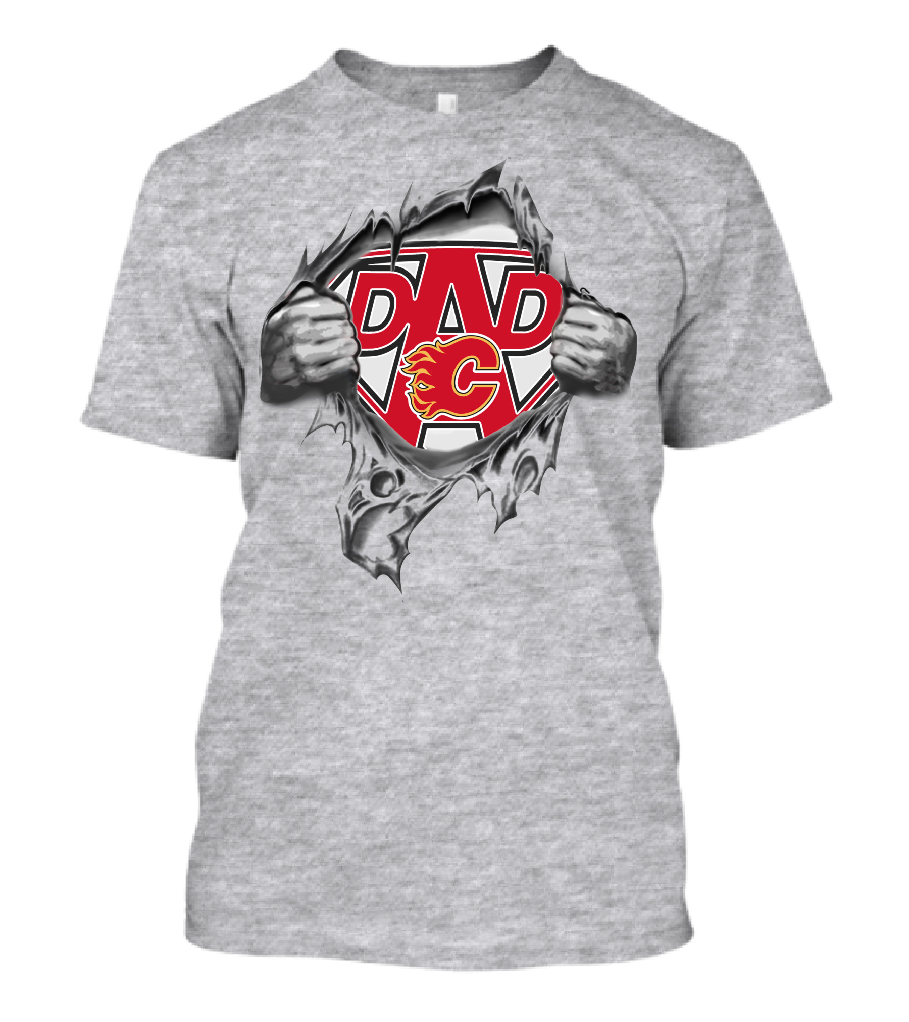 Calgary Flames Dad Super Emblem With Ripped Effect And Flames T-Shirt