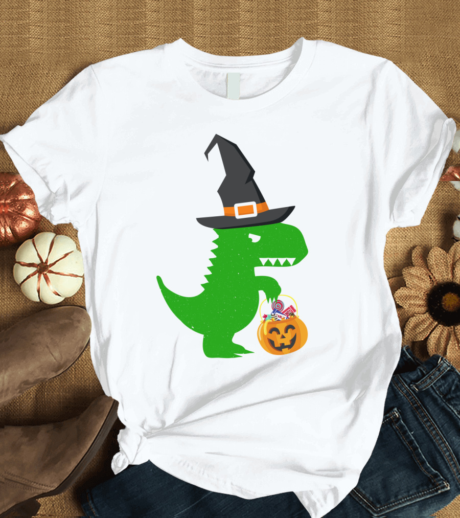 Witch Hat Dinosaur with Pumpkin Candy Bucket Halloween T-Shirt