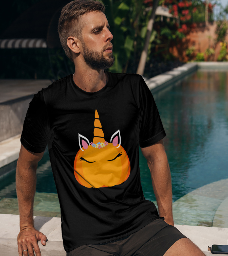 Unicorn Pumpkin With Floral Crown And Sleepy Eyes T-Shirt