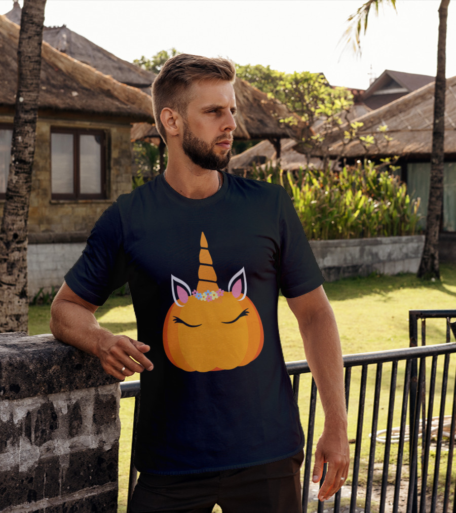 Unicorn Pumpkin With Floral Crown And Sleepy Eyes T-Shirt