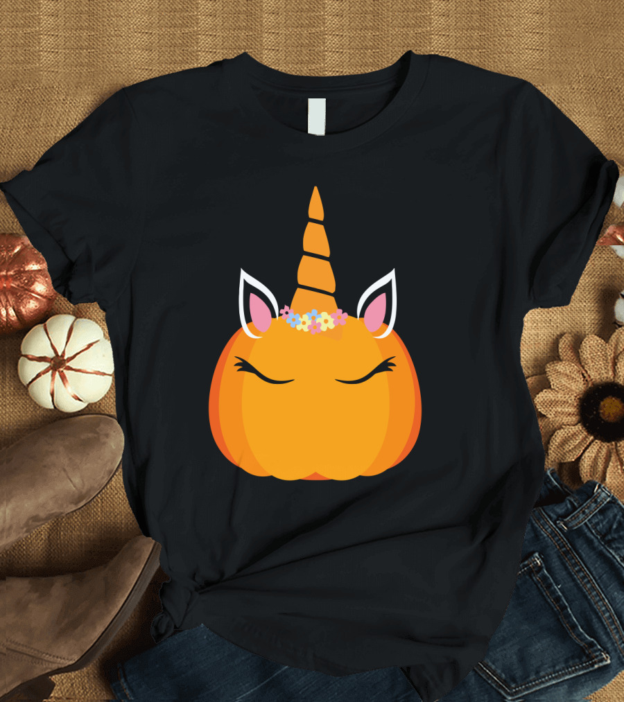 Unicorn Pumpkin with Floral Crown and Sleepy Eyes T-Shirt