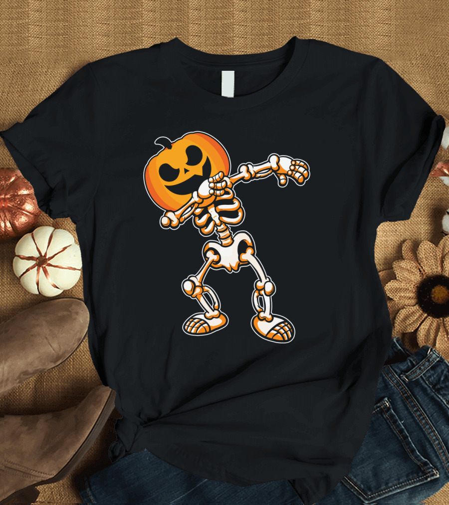 Dabbing Skeleton with Pumpkin Head Halloween Humor T-Shirt