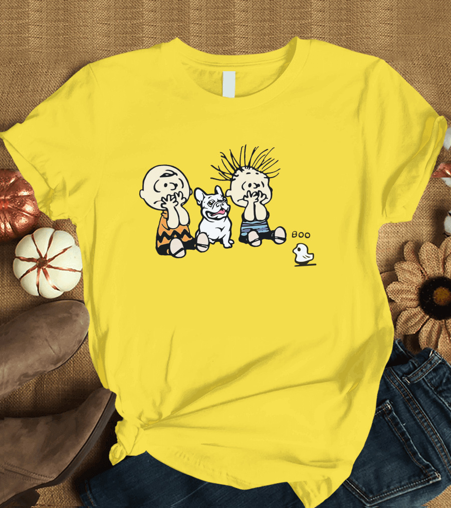 Frenchie Boo Cartoon Characters Surprise Yellow Background T-Shirt