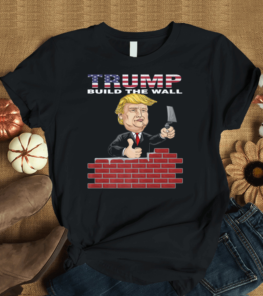 TRUMP Build The Wall Cartoon Graphic with Brick Wall T-Shirt