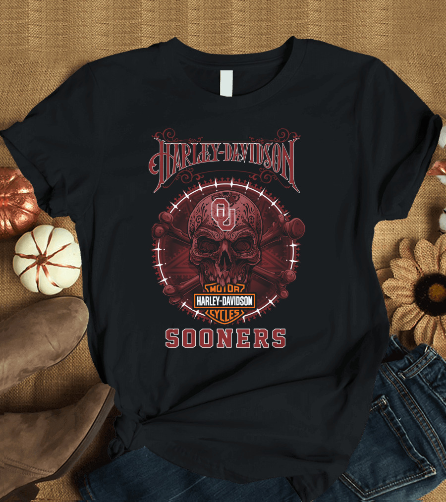 Harley Davidson Motor Cycles Ou Sooners Skull T-Shirt