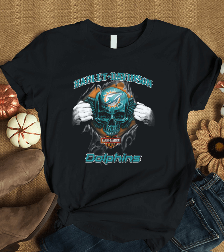 Harley Davidson Miami Dolphins Skull Nfl Cycles T-Shirt