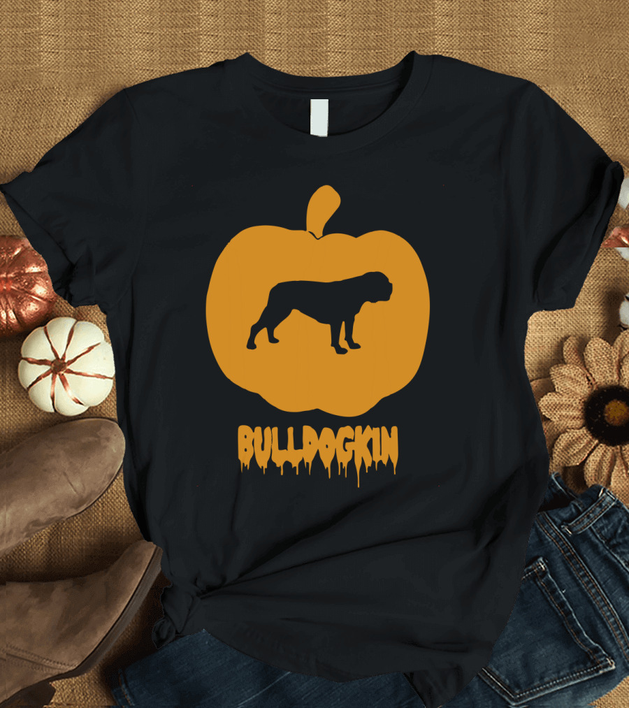Bulldog Silhouette Inside Pumpkin with Bulldogkin Text T-Shirt