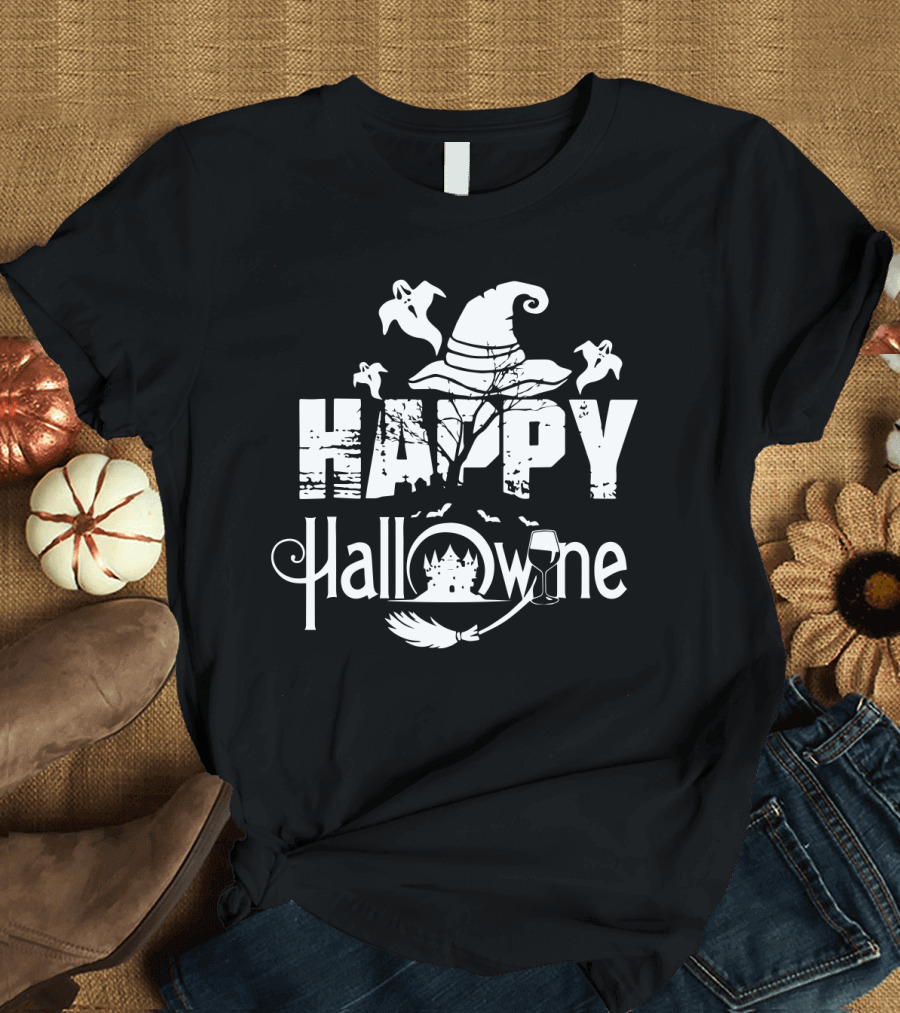 Happy Halloween Hallowine Witch Hat and Wine Glass Humor T-Shirt
