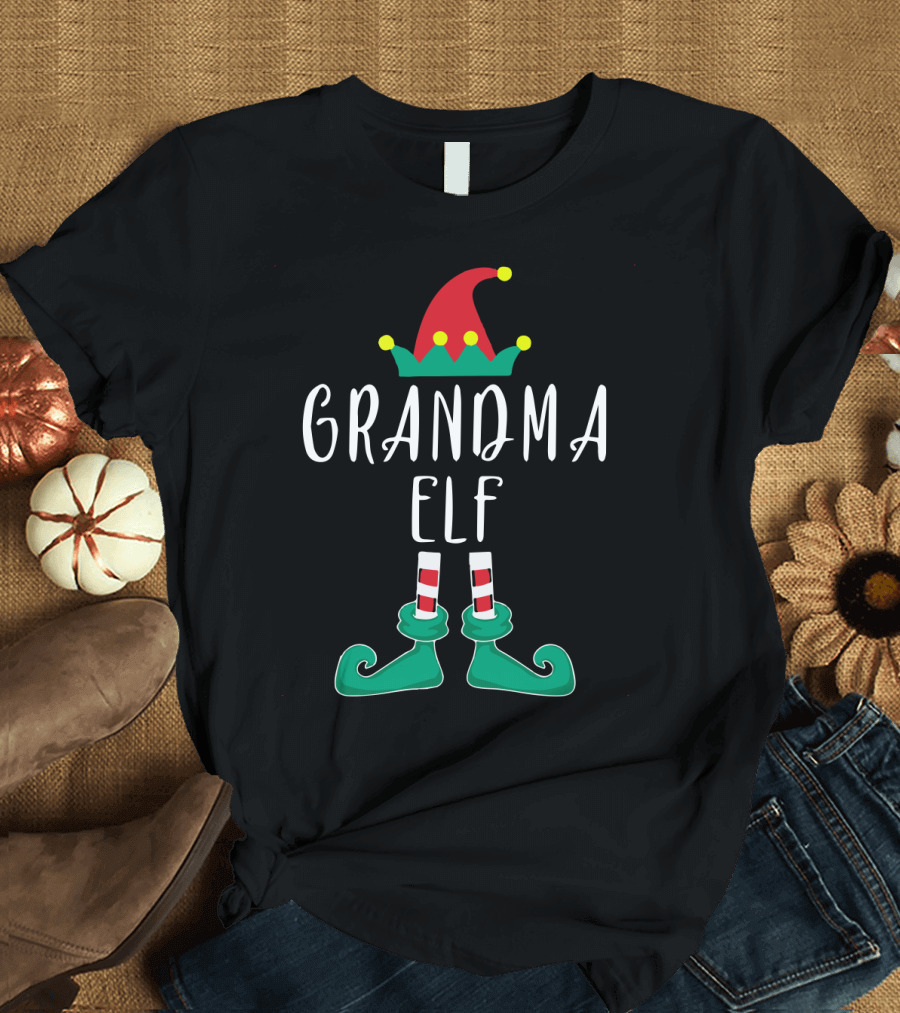 Grandma Elf Christmas Holiday Costume with Festive Hat and Boots T-Shirt