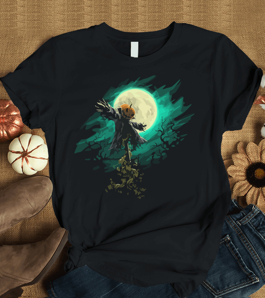 Haunted Scarecrow Pumpkin Head Under Full Moon Sky T-Shirt